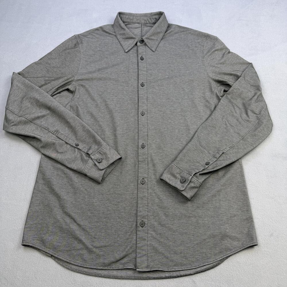 Lululemon Commission Shirt Mens Large Green Gray Solid Jersey Button Up Stretch